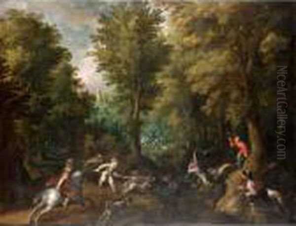Hunters And Their Dogs Chasing A Boar In A Wooded Landscape - view 1