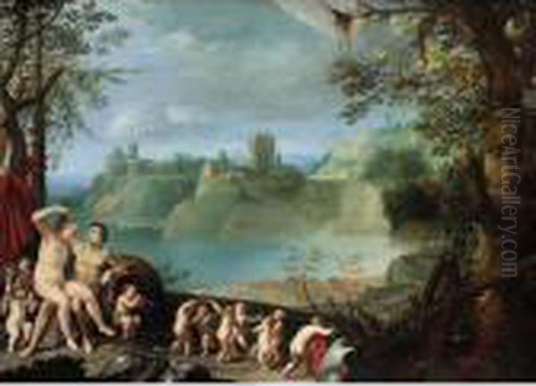 Mars And Venus In An Extensive River Landscape With Putti Playing And Dancing - view 1