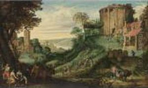 An Extensive Landscape With 
Peasants Harvesting Fruit, The Temple Of Vesta To The Right, A View Of A
 River In The Distance