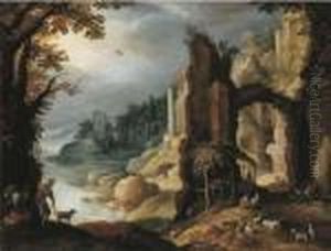 A Classical River Landscape With Herdsmen And Goats Resting Amongst Ruins