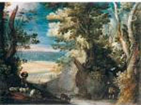 A Wooded Landscape With A
Herdsman Tending Goats In The Foreground, A View Of A Town In The
Distance - view 1