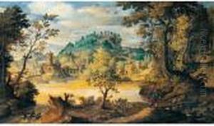 A River Landscape With A Traveller Crossing A Bridge In The Foreground, A Town Beyond by Paul Bril