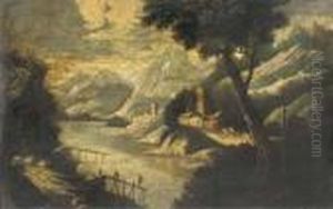 A Mountainous River Landscape With Figures On A Pier And Fortified Towns Beyond