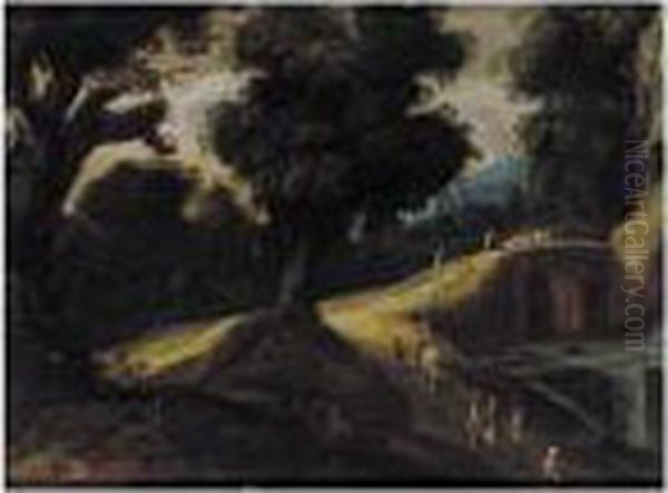A Wooded Landscape With Figures Beside A River And A Bridge Beyond - view 1