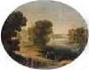 A River Landscape With A King 
And His Retinue, Possibly Polycrates Of Samos Finding The Ring by Paul Bril