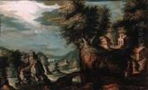 Cottages On A Cliff Overlooking A Valley With A Castle On A Rockbeyond by Paul Bril