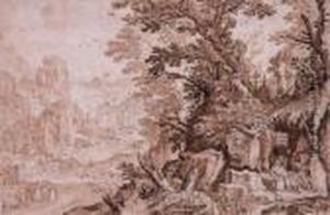 A Rocky River Landscape With Saint Jerome In His Cave, A Town Bythe Sea Beyond by Paul Bril