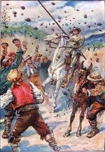 They pelted Don Quixote with a shower of stones They pelted Don Quixote with a shower of stones