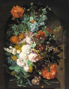 Parrot tulips, roses, poppies, carnations, morning glory, chrysanthemums in an urn on a stone ledge, with a snail, butterflies and other insects