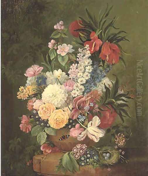 Roses, parrot tulips, lillies, narcissi, morning glory and other flowers in a vase on a stone ledge, with a birds nest - view 1