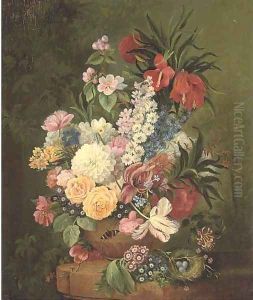 Roses, parrot tulips, lillies, narcissi, morning glory and other flowers in a vase on a stone ledge, with a birds nest by Jan Van Huysum