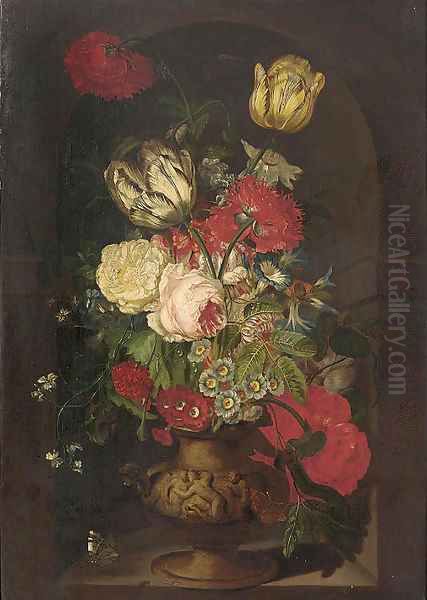 Carnations, tulips, morning glories, a rose and other flowers in a sculpted urn in a casement, with two butterflies - view 1