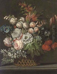 Chrysanthemums, roses and other flowers in a wicker basket, on a ledge by Jan Van Huysum