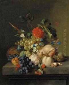 Grapes on the vine, peaches, a melon, redcurrants, a split walnut, with Morning Glory, other flowers and a butterfly on a marble plinth by Jan Van Huysum