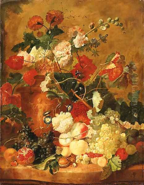 Roses, Carnations and other Flowers in a sculpted terracotta Vase with a Pomegranate, Peaches, Plums, Grapes, a Walnut, Hazelnuts and Currants - view 1