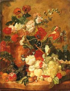 Roses, Carnations and other Flowers in a sculpted terracotta Vase with a Pomegranate, Peaches, Plums, Grapes, a Walnut, Hazelnuts and Currants by Jan Van Huysum