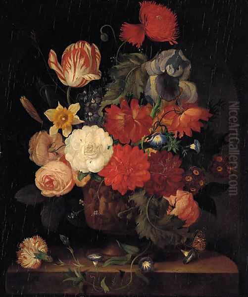 Roses, carnations, morning glories, tulips and other flowers in a vase on a ledge in a niche - view 1