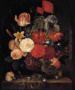 Roses, carnations, morning glories, tulips and other flowers in a vase on a ledge in a niche by Jan Van Huysum