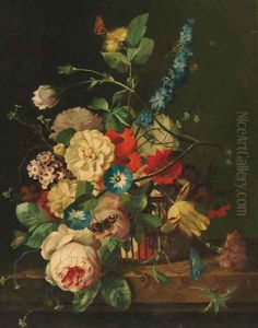 Roses, peonies, morning glory, tulips and other flowers in a basket, with a red admiral and a moth, on a stone plinth by Jan Van Huysum