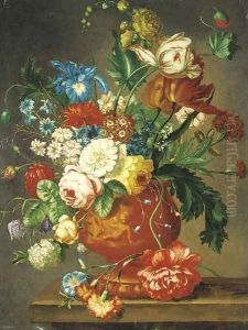 Roses, tulips, carnations, morning glory, daffodils and other flowers in a vase on a ledge by Jan Van Huysum