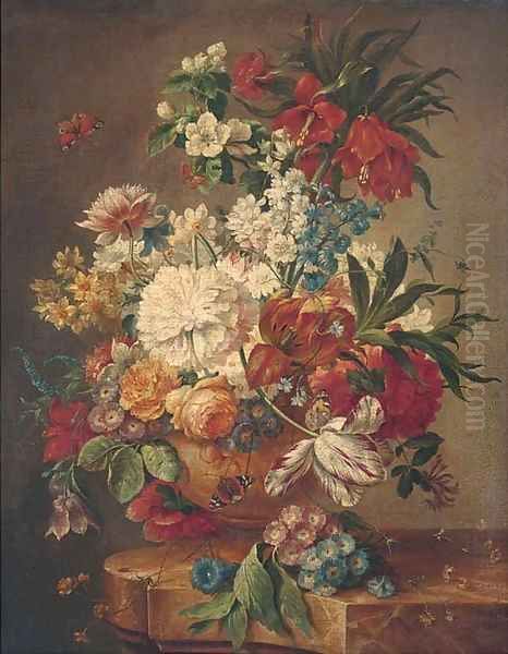 Roses, tulips, morning glory, narcissi and other flowers in an urn on a marble ledge with butterflies - view 1