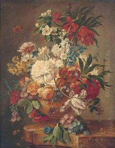 Roses, tulips, morning glory, narcissi and other flowers in an urn on a marble ledge with butterflies by Jan Van Huysum
