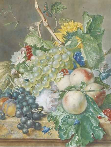 Still life of grapes, peaches, plums and other fruit with peonies, chrysanthemums and convolvulus, on a marble ledge - view 1