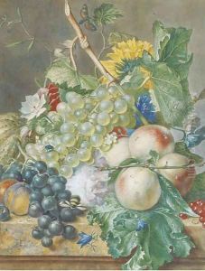 Still life of grapes, peaches, plums and other fruit with peonies, chrysanthemums and convolvulus, on a marble ledge by Jan Van Huysum