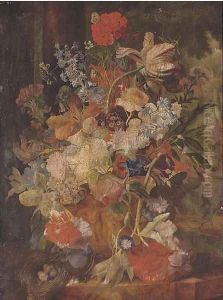 Tulips, morning glory, and other flowers in a sculpted urn with a birds nest on a ledge, figures in a garden beyond 2 by Jan Van Huysum