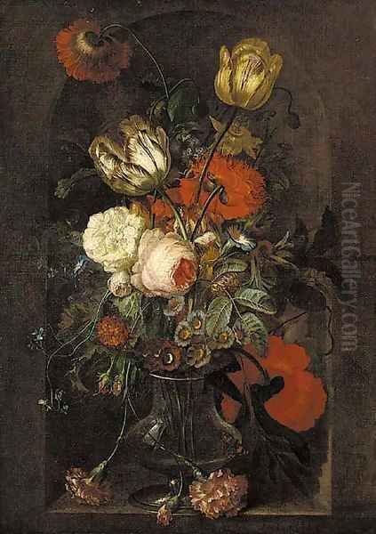 Tulips, roses, carnations, morning glory and other flowers in a glass vase in a stone niche - view 1