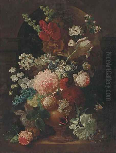 A parott tulip, roses, morning glory and other flowers in an urn in a niche, with a butterfly - view 1
