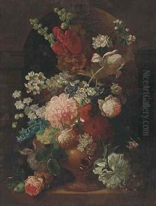 A parott tulip, roses, morning glory and other flowers in an urn in a niche, with a butterfly by Jan Van Huysum