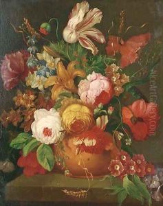 A parrot tulip, roses, narcissi and other flowers in a vase on a stone ledge by Jan Van Huysum