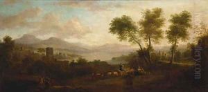 An extensive landscape with shepherds by Jan Van Huysum