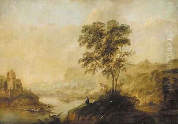 Figures at a river in an Italianate landscape - view 1