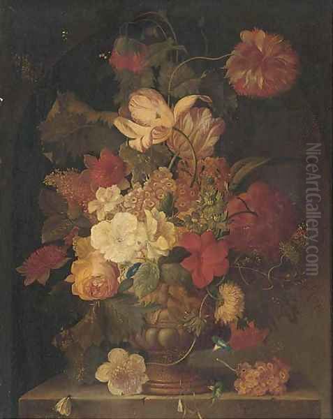 Flowers in vase on a stone ledge - view 1