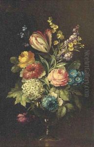 Roses, a parrot tulip, chrysanthemums and other flowers in a glass vase on a ledge by Jan Van Huysum
