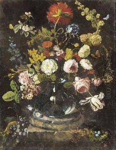 Roses, carnations and other flowers in a glass vase on a plinth by Jan Van Huysum