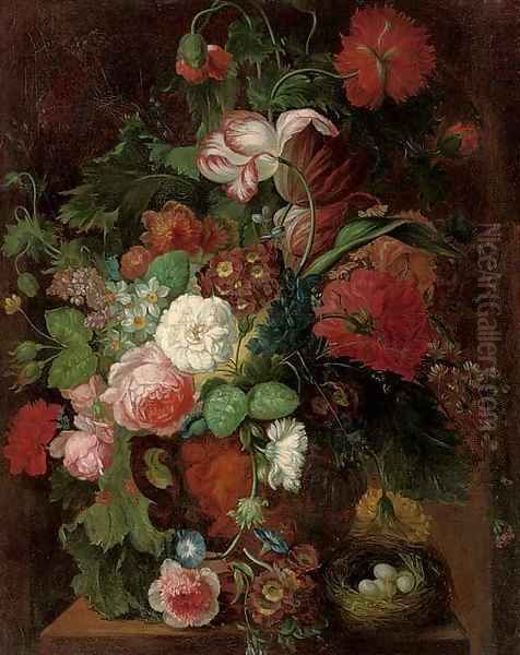 Roses, carnations, tulips, morning glory, narcissi, and other flowers in a vase by a nest of eggs on a plinth - view 1