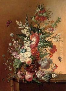 Roses, morning glory, carnations and other flowers in an urn on a ledge with eggs in a nest by Jan Van Huysum
