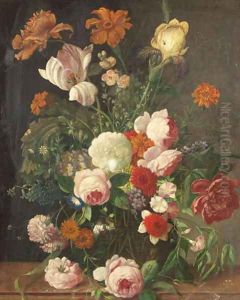 Roses, peonies, a tulip and other flowers in a glass vase on a stone ledge by Jan Van Huysum