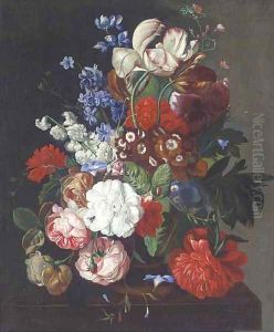 Flowers in a vase on a table by Jan Van Huysum