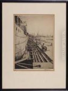 "in Drydock" - Etching by Arthur John Trevor Briscoe