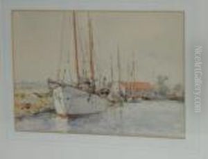A Two-masted Yacht And Other Vessels Moored Up