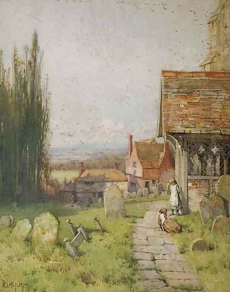 Children on a churchyard path - view 1
