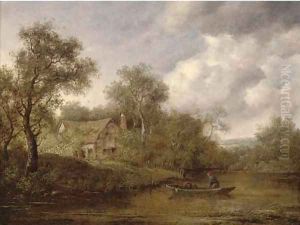A fisherman in a rowing boat on a river, a cottage beyond