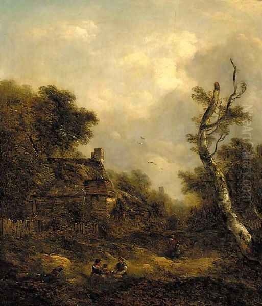 Figures before a cottage in a wooded landscape - view 1