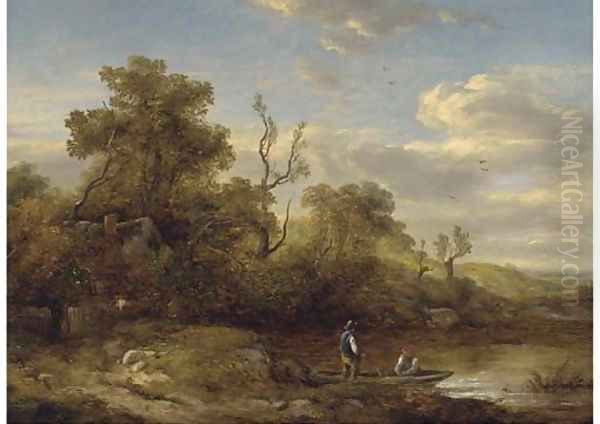 Figures in a boat before a cottage - view 1