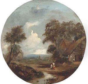 Figures outside a thatched cottage, children playing next to a stream nearby by Richard Hilder
