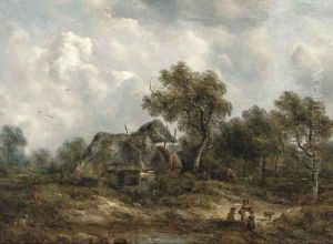 Figures on a track before a cottage by Richard Hilder